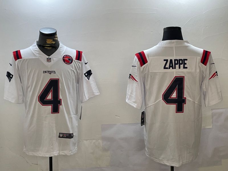 Men New England Patriots 4 Zappe White Second generation 2024 Nike Limited NFL Jersey style 2